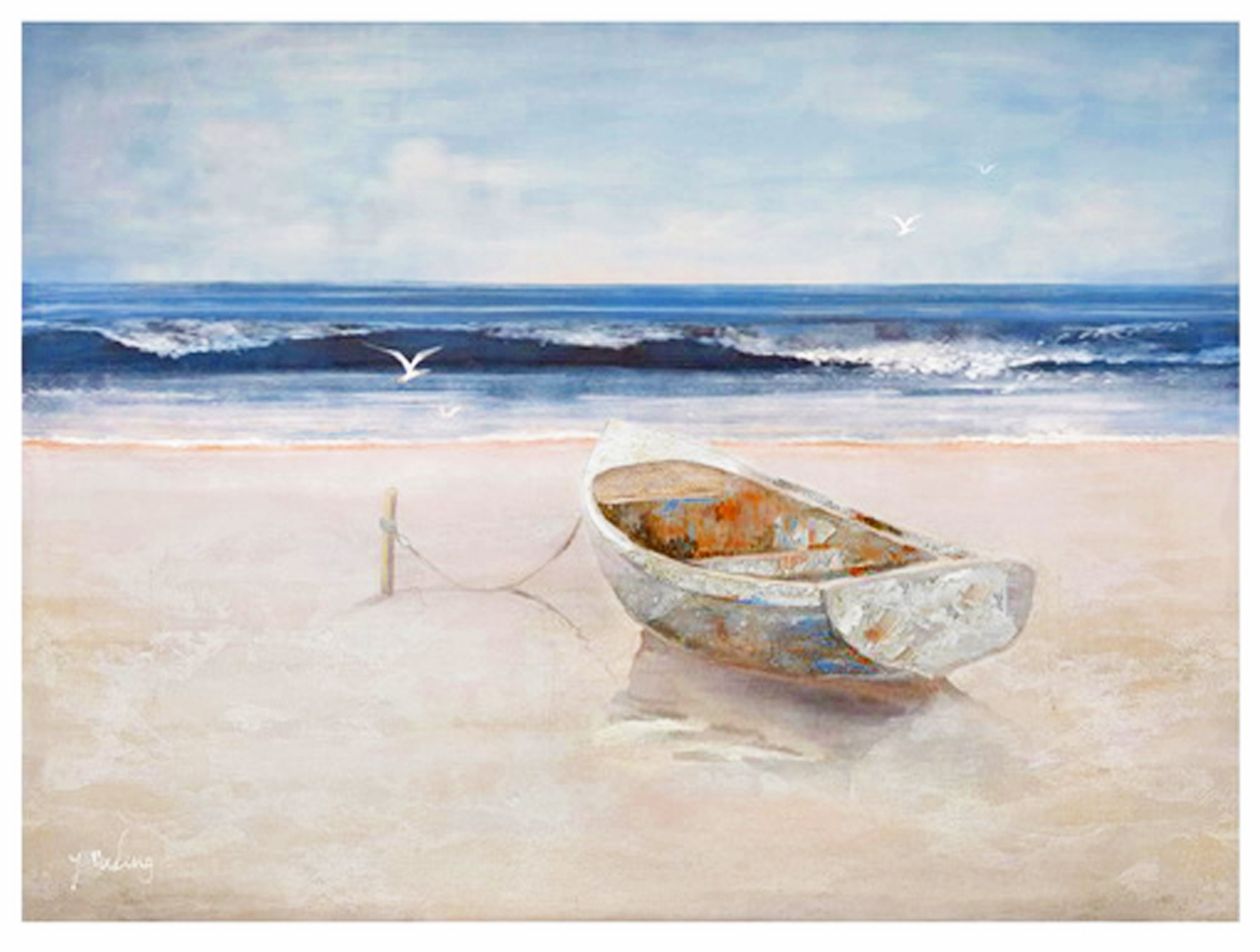PXFC360 Wall décor art oil on canvas seascape boat on beach blue white orange tones